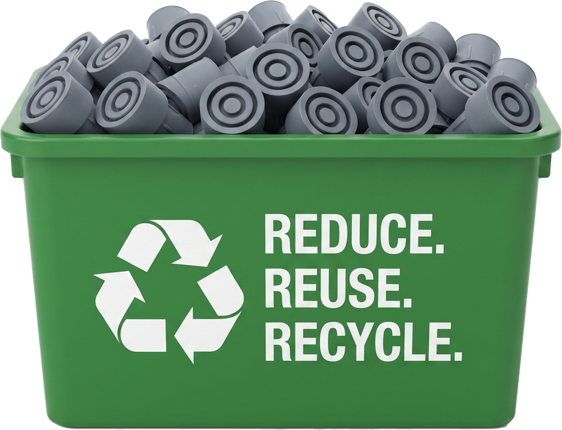 A green recycling box full of used rubber ferrules — reduce, reuse, recycle